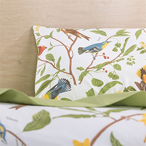 Brandream 2-Piece Standard Pillowcase Set, Green Floral Garden Bird Printed, 100% Egyptian Cotton, Soft & Breathable