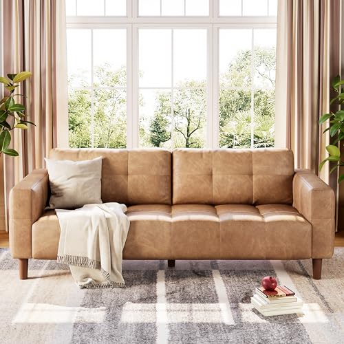 Image of GarveeHome 3-Seater Sofa Couch, 83 in Wide Faux Leather Sofa Couch with Spring Cushion, Modern Sofa with Deep Seats and 2 Removable Back Cushions, for Living Room, Bedroom, Apartment, Office, Brown