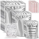 Premount 100 Mylar Bags for Food Storage With Oxygen Absorbers 300cc - 1 Gallon 4 Mil 10'x14', 6'x9', 4'x6' - Resealable Bags for Packaging Products & Smell Proof Ziplock Sealable Bags for Candy