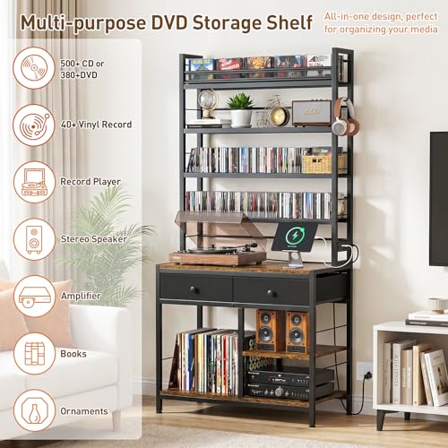 ikkle-Tall-CD-Rack-with-Power-Outlet-Drawers-8-Tier-DVD-Storage-Shelf-Media-Storage-Cabinet-for-CDsDVDs-Vinyl-Records-Books-Games-Ideal-for-Living-Room-Home-Office-315x157x706-in-Brown