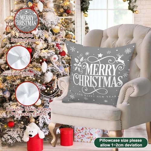 Lanpn 4 Stück Weiß und Grau Kissenbezug Weihnachten Kissenhülle 60x60 cm, Winterliche Schneeflocken Dekorative Weihnachtskissen für… – Ansicht 6