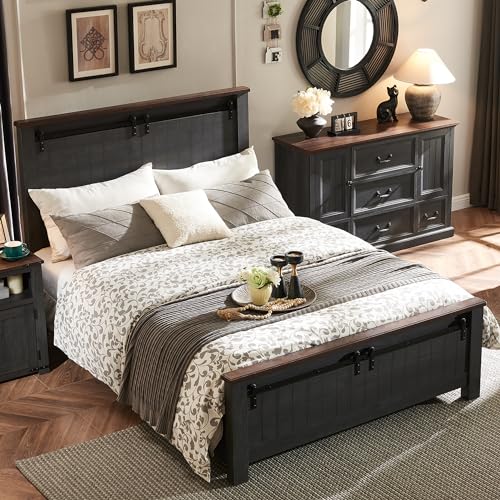 Image of IFGET Farmhouse Full Size Bed Frame with 47 inch Headboard, Wood Bed Frame with Groove Sliding Barn Door Footboard, Platform Bed with Wood Slats Support, No Box Spring Needed (Dark Grey)