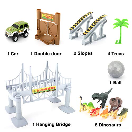 Zooawa Dinosaur Track Toy 142PCS Car Race Tracks Train Set Railway Playset with Flexible Speedway Railroad, Car Racing Toys, Bridge and Dinosaur Figures for Kids and Toddlers, Colorful