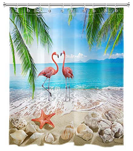Aueea YL28794-150-V Summer Ocean Beach Shower Curtain For Bathroom Funny Pink Flamingo And Starfish With Seashell Coastal Bathroom Shower Curtains With Hooks, Tropical Palm Leaf Bathroom Curtains Shower Set 60X72 Inch thumb #1