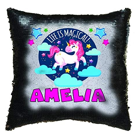 Personalised - MAGIC SEQUIN Unicorn Cushion Black and White Sequin Cushion Cover