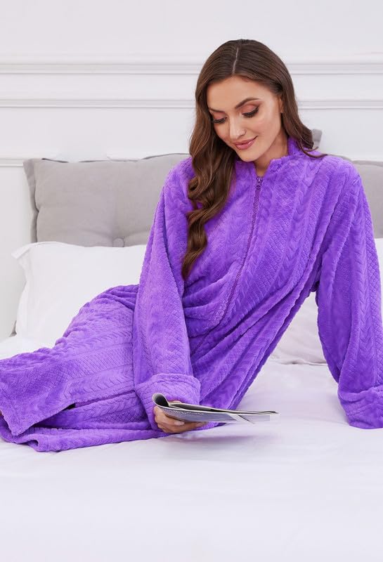 Image of LYCY Women Plush Zipper Robe, Long Fleece House Coat Nightgown with Pockets Solid Bathrobe