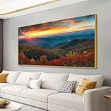 Blue Ridge Mountains Wall Art, Mountain Forest Canvas Wall Art, Nature Landscape Canvas, Mountain Pictures Wall Decor, Sunset Canvas Wall Art, Autumn Art, Home Living Room Wall Decor (Gold Metal Frame, 48'x27' | 122x68cm)