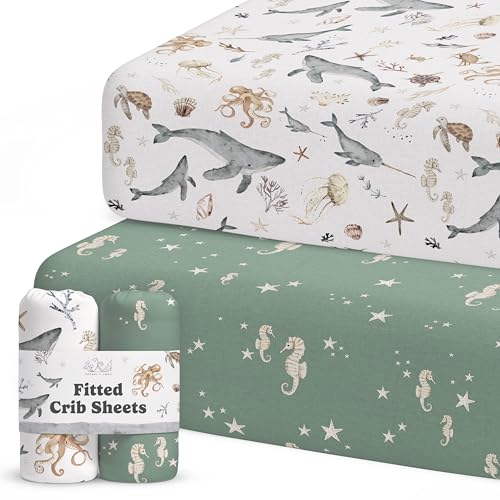 Image of Crib Sheets Neutral - Fitted Baby Crib Sheets Bed for Girl Boy - 2 Pack Standard & Toddler Mattress (Ocean Odyssey) - Buttery Soft Organic Cotton Blend