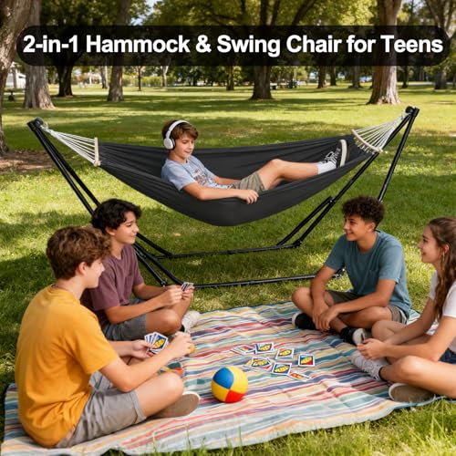 2-in-1 Hammock & Swing Chair for Teens – Adjustable Folding Seat with Collapsible Steel Frame, Portable for Camping, Travel, Patio & Indoor Use, Includes Carry Bag, Supports 440 LBS - Image 7