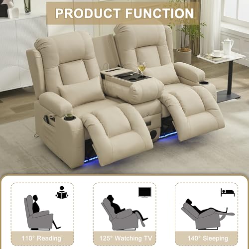 Image of URRED Power Loveseat Recliner Sofa with Massage and Heat, Wall Hugger Reclining Loveseat with Console, RV Couch Home Theater Seating with LED Lights for Living Room (Beige, 67 inch - 2 Seats)