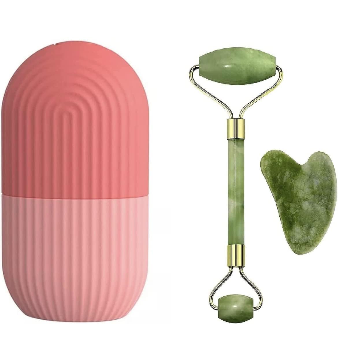 Reusable Jade Face Roller & Gua Sha Stone - Set of 3 with Ice Roller for Face, Guasha Facial Tool & Gua Sha Stone for face, Facial Ice Roller & Ice Massager Jade Roller for Face Massager
