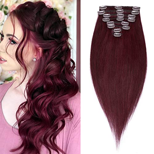 S-noilite 16inch Clip in Human Hair Extensions Burgundy 100% Silky Straight Real Human Hair 65g 8pcs 18 Clips #99J Wine Red Grade 7A Clip on Remy Hair Extensions For Women Gifts