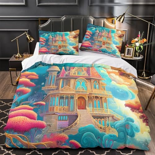 Housse de couette château 3D anti-plis et lavable pour lit enfant double