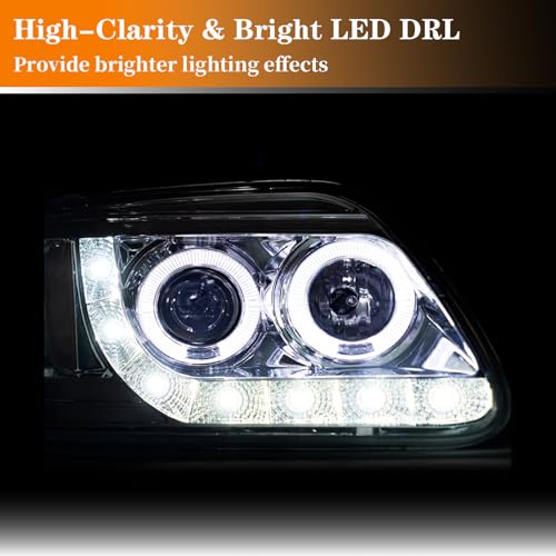 Image of LED Projector Headlight Assembly Fit 1997-2003 Ford F150 / 2004 Ford F150 Heritage /97-99 Ford F250 Light Duty /97-02 Ford Expedition Pair ofc Chrome Housing Amber Reflector