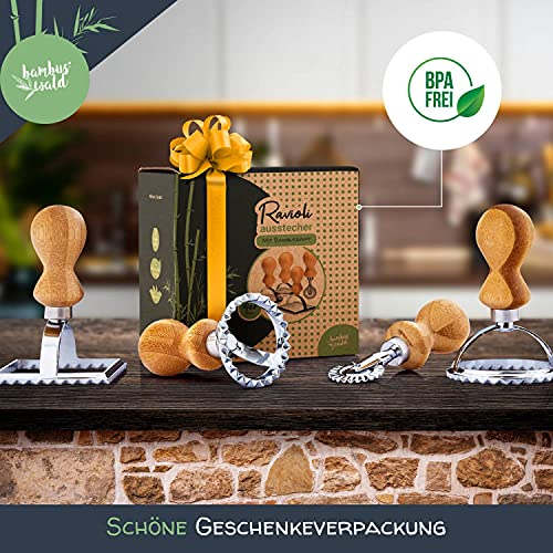 Foto von bambuswald© Ravioli-Ausstecher (4 Stück) mit Griff aus Bambus | Stempel, Ausstecher, Former für Teigtaschen Maultaschen Pasta Gyoza Pierogi | Raviolischneider Ausstechform Stanze Kekseform