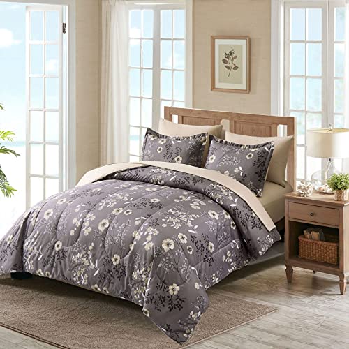 Luxudecor Grey Comforter Queen Size Floral Comforter Set With Gray Botanical Printed Soft Microfiber Bedding Sets 7 Pieces Bed In A Bag Comforter All Season (Grey, Queen) #TOP1