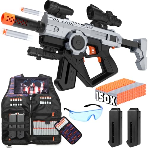 Automatic Toy Gun with Tactical Vest Set - 150 Darts, Two 20-Roun...