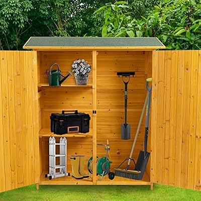Ball & Cast 64" Fir Wood Outdoor Storage Shed with Lockable Door and Detachable Shelves,Weatherproof Tool Shed w/Pitch Roof,Shelter House for Pool Supplies Lawn Maintenance Equipment,Natural