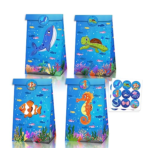 12 sacos de festa de animais marinhos, sacos de doces com tema do oceano azul, sacos de presentes de peixes tubarão tartaruga cavalo do mar para aniversários de crianças Baby Shower (Estilo 1)