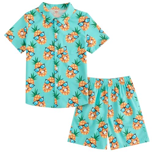 JiAmy Boys Hawaiian Outfit Shirt Shorts Set SummerPineapple Green 4-5Y - image 1
