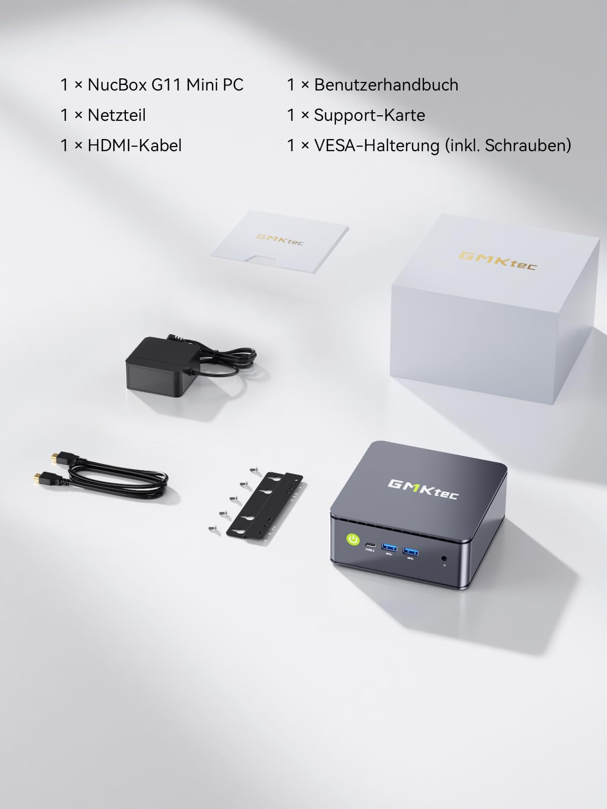 GMKtec G11 Mini PC AMD Ryzen Embedded R2514, 3-Jahre-Support 4C/8T bis 3,7 GHz (Beats 3500/N95/N150) 16G DDR4 512G PCIe 3.0 SSD, Dual 2.5G LAN/WiFi 6E/Triple 4K Display für Office/NAS/Soft-Router