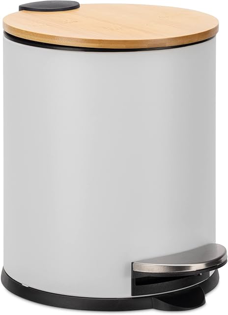 Navaris Pedal Bin with Bamboo Lid 5 Litres - 5L Bathroom Bin with Removable Inner Bucket for Bathrooms Toilet Kitchen Office Bedroom - White/Bamboo
