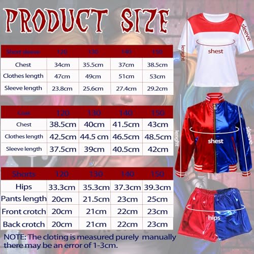 YUERTMIO Quinn Disfraz para Niñas, Disfraz de Quinn Niñas, Chicas Villano Suicide Traje, Juego de Payaso con chaqueta, camiseta, pantalones cortos, guante, collar para Halloween, carnaval, cosplay