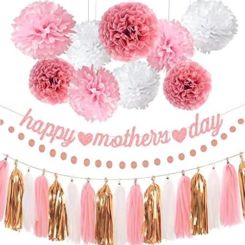 Mother's Day Party Decorations Kits Tissue Paper Pom Poms Flowers Rose Gold Happy Mother's Day Banner Tassel Garland Pom Pom Garlands Polka Dot Paper Garland Hanging Decor for Mother's Day (Rose Gold