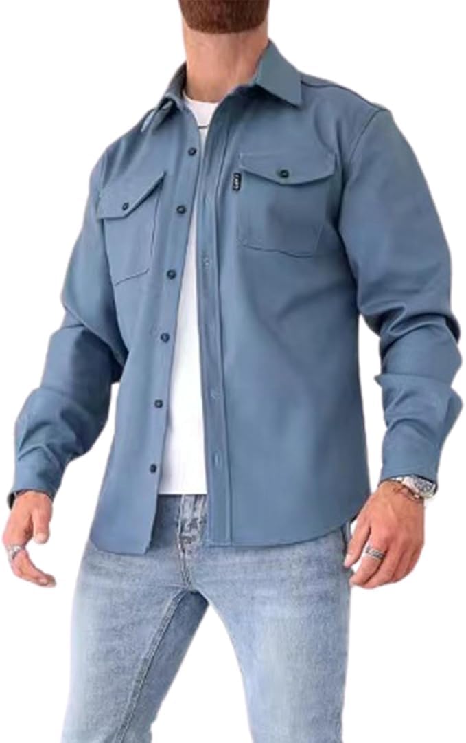 ArknAv Men's B Button Down Shirt Jacket Casual Stylish Shirt Jackets Casual Youth Men's Shirt, light blue, XXL