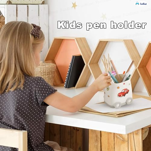 Image of FunBlast Pen Stand for Study Table, Car Stationary Organizer with Kawaii Stickers, Pen Stand for Kids & Girls, Desk Organizer, Birthday Return Gifts for Kids (White)