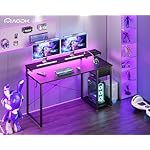 AODK Gaming Desk with LED Lights & Power Outlet, 55 Inch Computer Desk with Drawer, Reversible Desk with Adjustable Monitor Shelf & Headphone Hook for Home Office, Black - Image 2