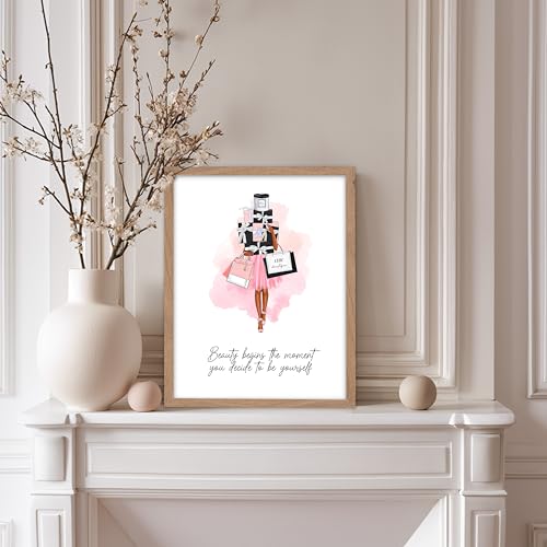 Image of Poster Master Lady with Shopping Bags Poster - Fashion Print - Trendy Art - Modern Art - Gift for Women & Fashionista - Luxury Haute Couture Decor for Bedroom or Girl's Room, 8x10 Beige Framed