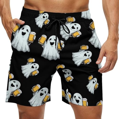 Cute Ghost Holding Beer Mens Swim Trunks Quick Dry Board Shorts Beach Swimwear Bathing Suits