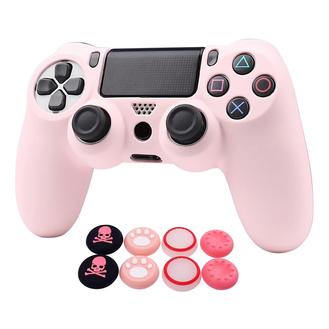 Pink Controller Skins for PS4, Silicone Controller Cover Skin Protector Compatible with PS4 Slim/PS4 Pro Controller (Pink Pro Thumb Grip x 6,Skull Cap Grip x 2)(Camouflage +White