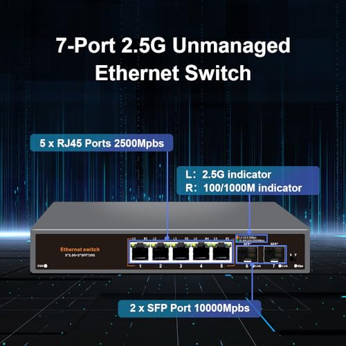 Image of 2.5G Unmanaged Ethernet Switch, 5 x 2.5G Base-T Ports, 2 x 10G SFP+ Uplink Ports, 100 /1000 /2500Mbps Compatible, Fanless Plug & Play, Metal 2.5Gb Network Switch