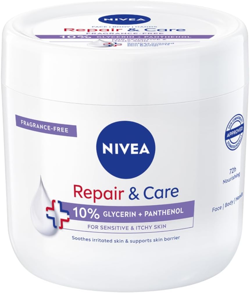 NIVEA Körpercreme Repair & Care 400ml, Allzweckcreme ohne Duft für empfindliche und gereizte Haut, schnell einziehende Körpercreme, Gesicht und Hände, angereichert mit Panthenol und Glycerin NIVEA Körpercreme Repair & Care 400ml, Allzweckcreme ohne Duft für empfindliche und gereizte Haut, schnell einziehende Körpercreme, Gesicht und Hände, angereichert mit Panthenol und Glycerin