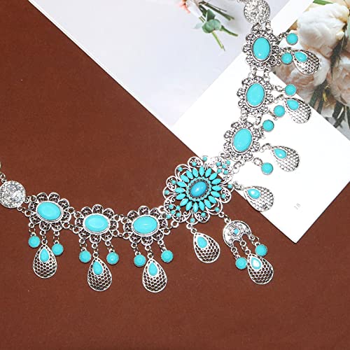 Vintage Flower Turquoise Chain Belts Silver Pear coin Pendant Metal Waist Belt Western Body Jewelry for for Women Dress Vest Jeans for Waistline 25-45inch (Silver Plated) 6