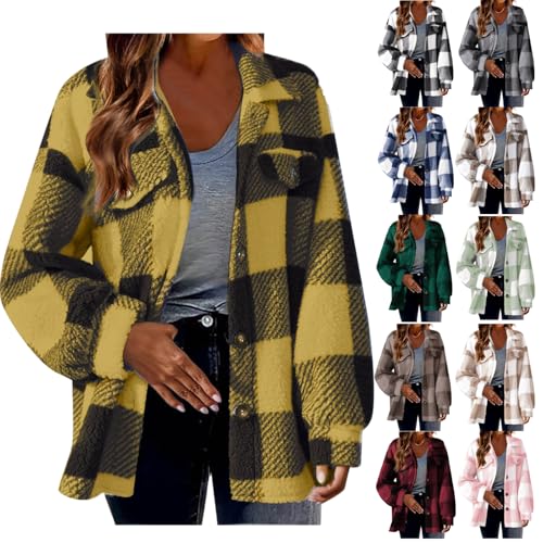 Fuzzy Fleece Jackets for Women Casual Button Down Sherpa Jacket Warm Plaid Shacket Trendy Winter Coats Outwear 2025