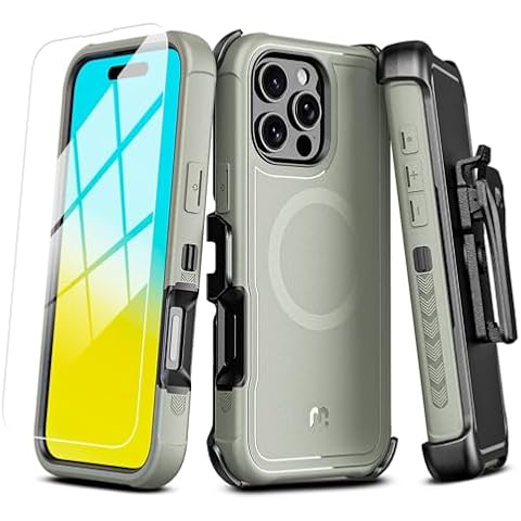 M MYBAT PRO Maverick Series iPhone 6.3 Case with Belt Clip Holster,[Compatible with Magsafe] w/Screen Protector,Anti-Drop,Shockproof,with 360°Rotating Kickstand,Heavy Duty Protection Natural Titanium Cover