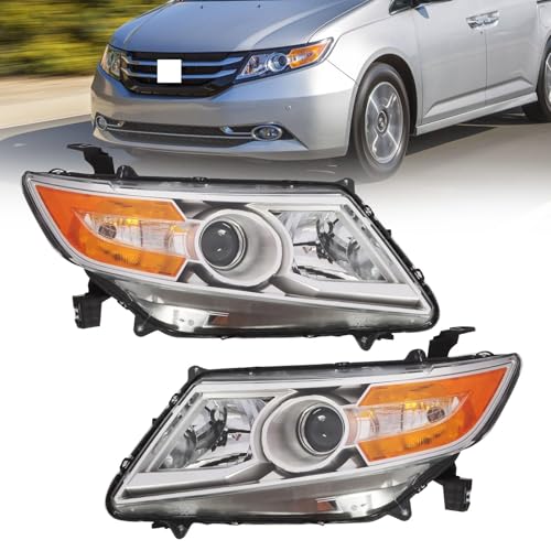 Projector Headlight Replacement for 2011-2013 Honda Odyssey EX/EX-L/LX/Touring Halogen Headlamp Driver&Passenger Side Chrome Housing Amber Reflector HO2502142 HO2503142 33150TK8A01 33100TK8A01