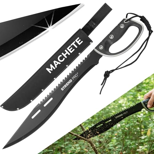 STREND PRO Machete Scharf Echt | 61cm | ZUVERLÄSSIGES Groß Messer Für Garten & Wald | Schwarz Mit Scheide Mit Säge Und Mit Handschutz | Robuste Starke Klinge Aus Hochwertigem Stahl