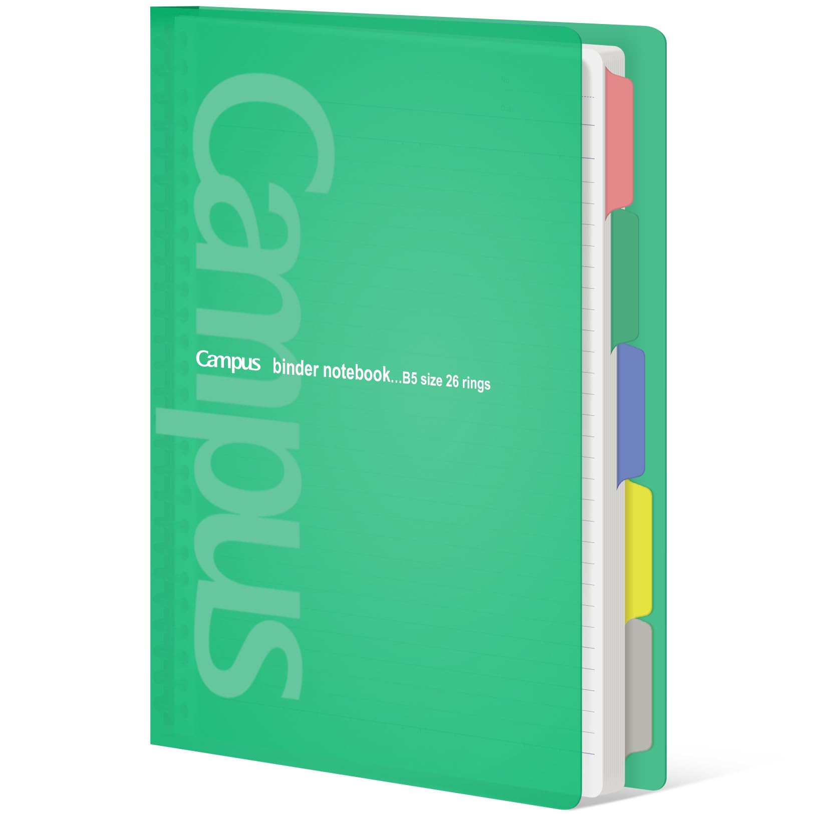 KOKUYO 5 Subject Spiral Notebook, Campus B5 Refillable Journal with 5 Tab Dividers, 100 Sheets in 5mm Ruled Loose Leaf Paper, Green, Japan Import (RU-P333NG & NO-836C)