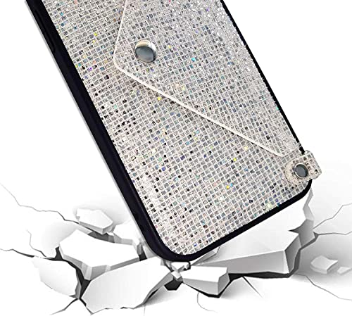 Omorro For Iphone 14 Plus Bling Case, Glitter Diamond Sequins Case Small Credit Card Cash Holder Wallet Case With Shiny Crossbody Chain Hard Pc Back Protective Girly Stand Case White #TOP6