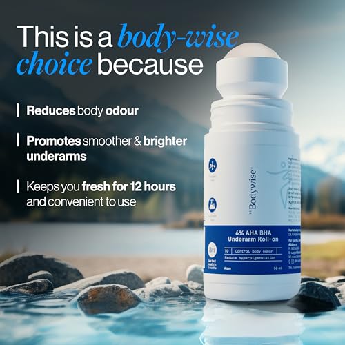Image of Be Bodywise 6% Aha Bha Underarm Roll On 50ml | 4% Lactic Acid, 1% Mandelic Acid, 1% Salicylic Acid | Controls Odour & Reduces Pigmentation for even tone skin | 0% Alcohol & 0% Aluminium | Aqua Fragrance