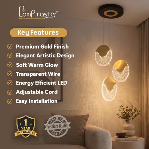 Image of Lamp master 3 Lumiround Modern LED Pendant Light | Premium Gold Finish Acrylic Hanging Ceiling Light | Adjustable Height | Decorative Chandelier for Living Room, Bedroom, Dining Room | Warm White