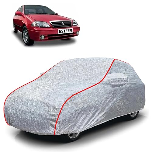 Image of Sulfar 100% Waterproof Car Body Cover Compatible with Mirror for Maruti Suzuki Esteem (Triple Stitched, Full Bottom Elastic, Magic Silver with Red Piping)