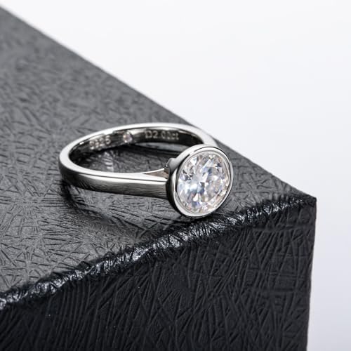 Moissanite Engagement Rings, 1/2/3 CT Bezel Setting Round Lab Created Diamond Solitaire Promise Rings in 14K White Gold Plated Sterling Silver, Anniversary Rings for Women4