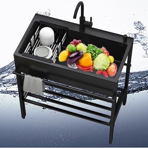 CSXSXAUO Fregadero de lavandería de Acero Inoxidable Negro - Fregadero utilitario Individual Independiente con Grifo de Agua fría y Caliente para habitación, jardín Exterior, Cocina, estaci