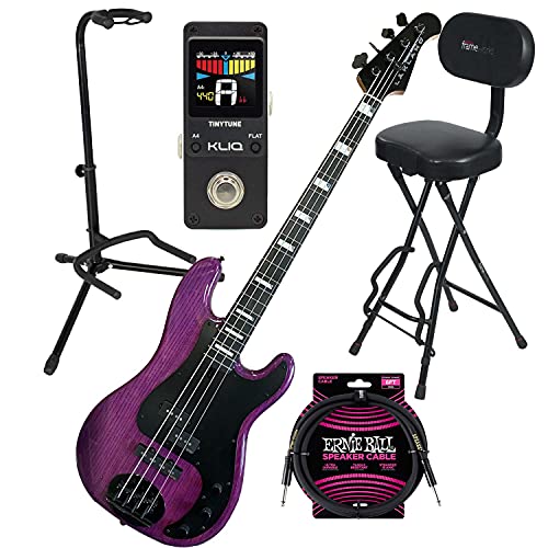 Clutch Lakland Skyline 44-64 GZ Bass Guitar,Translucent Purple, Gator GFW-GTR-1000 Stand, GFW-GTR-SEAT, EBall Cable, KLIQ TinyTune Bundle