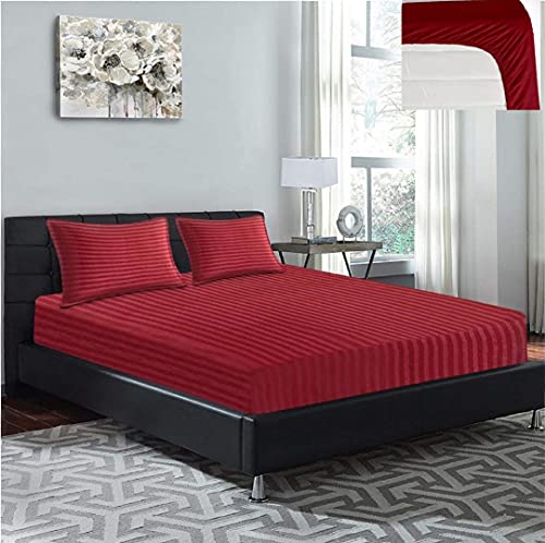 Image of Luxrious Elastic Fitted Glace Cotton King Size (78x72x Upto 6 Inches) Bedsheet with 2 Pillow Covers-200TC (Stripe, Color (Red)